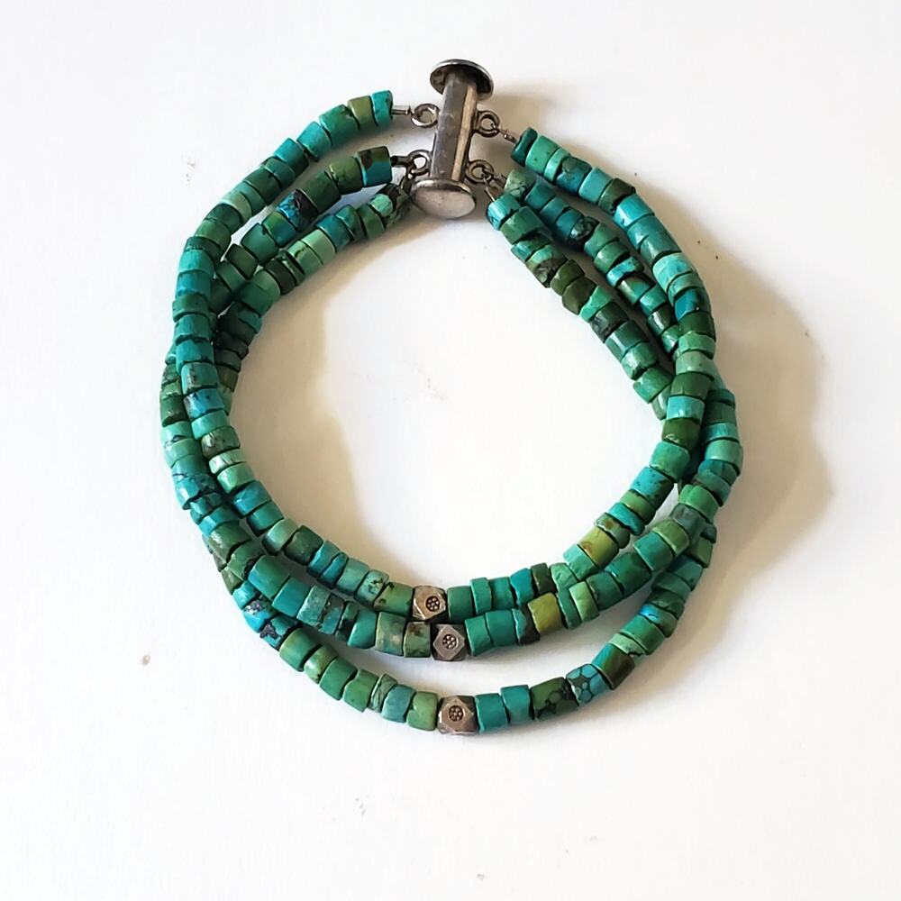 Vintage Turquoise Heishi Bead 3 Strand Sterling Silver Bracelet 7.25"